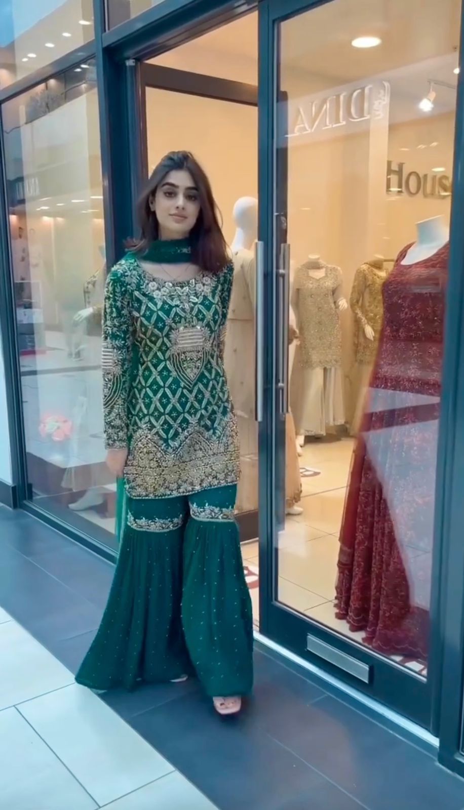 Exclusive Embroidery Sequence Work Green Color Sharara Suit