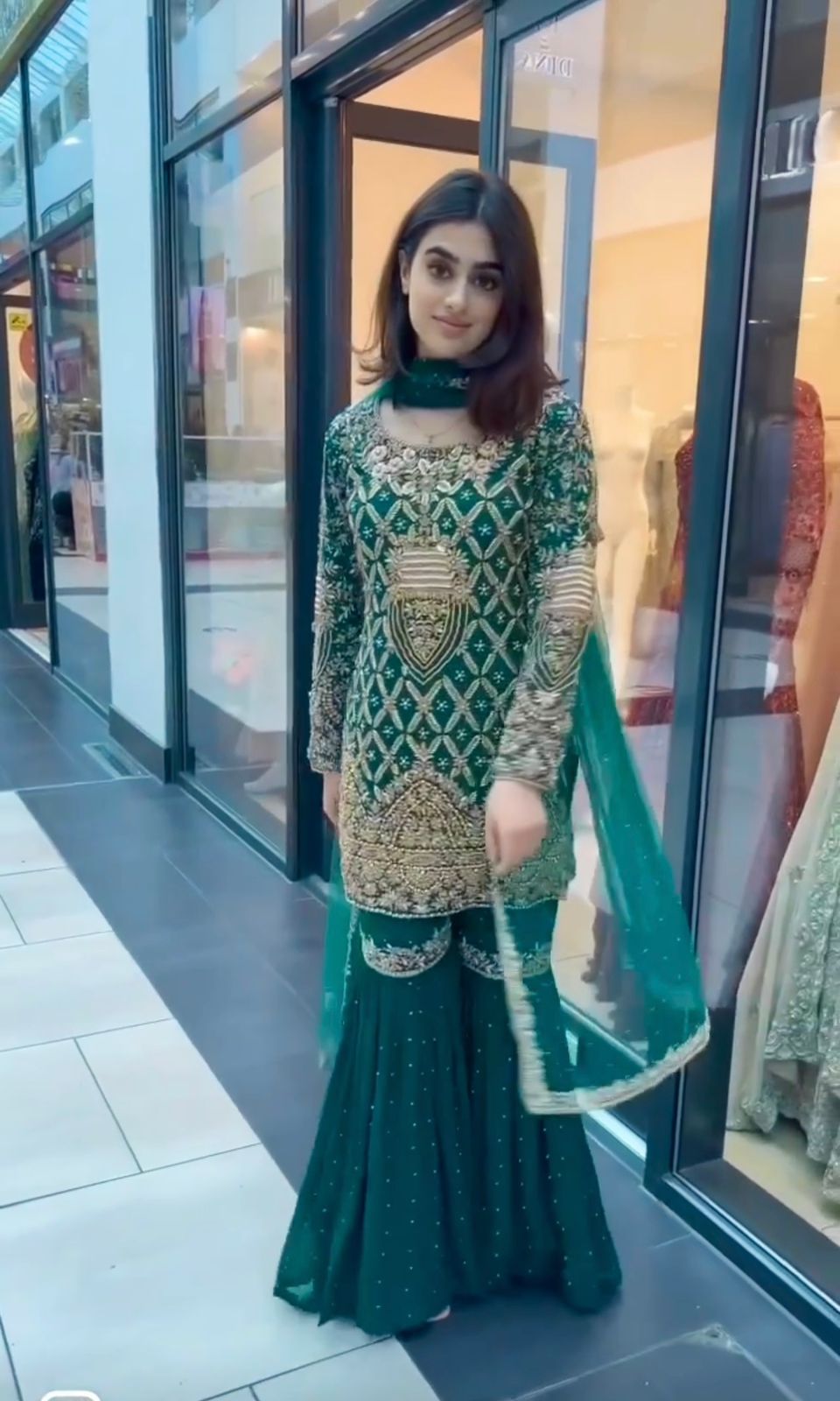 Exclusive Embroidery Sequence Work Green Color Sharara Suit