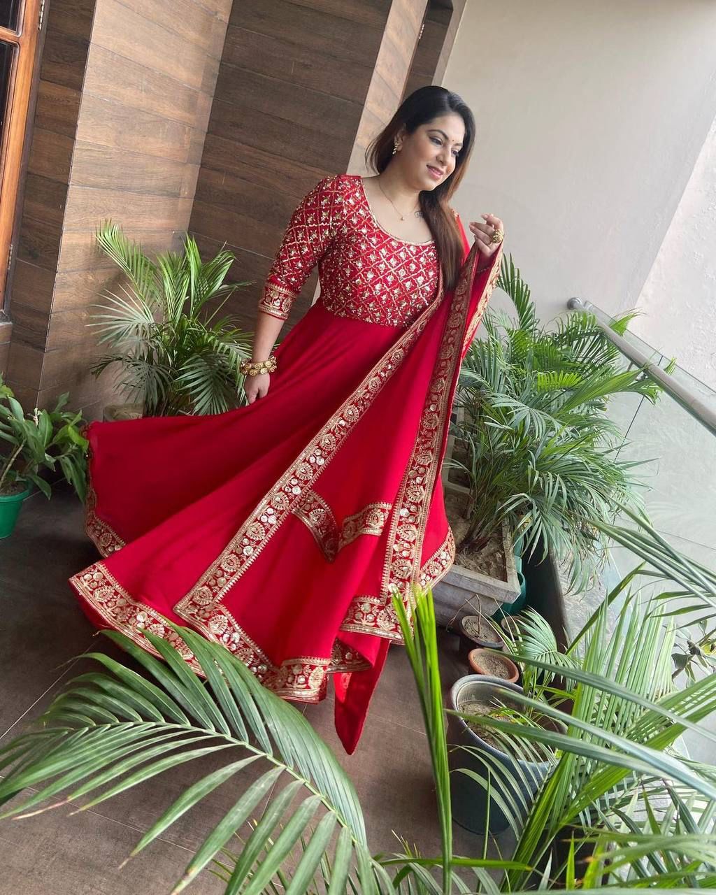 Presenting Red Color With Work Georgette Gown