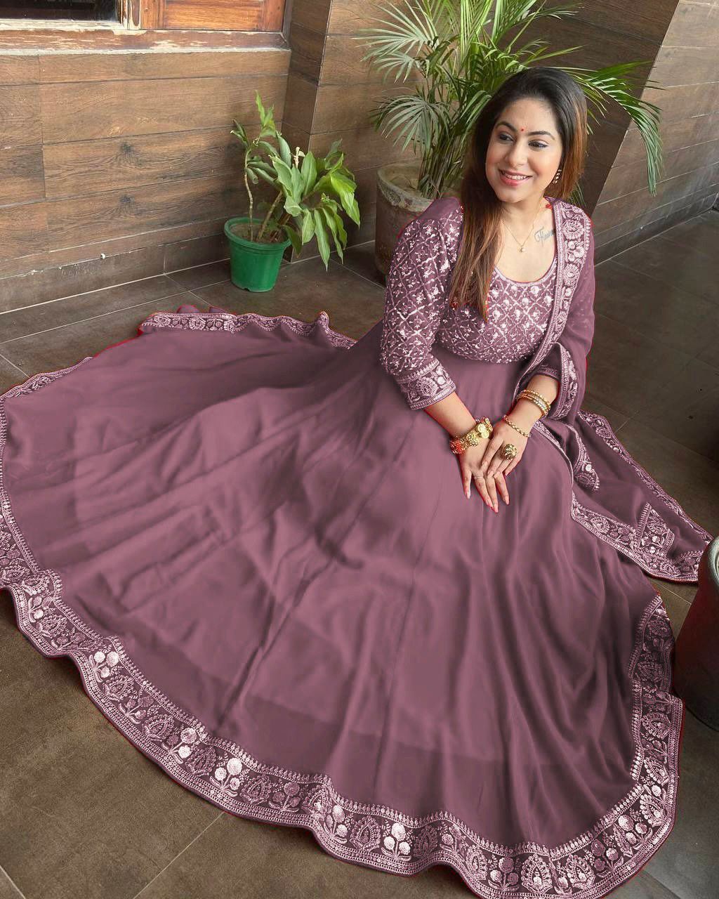 Presenting Dusty Pink Color With Work Georgette Gown