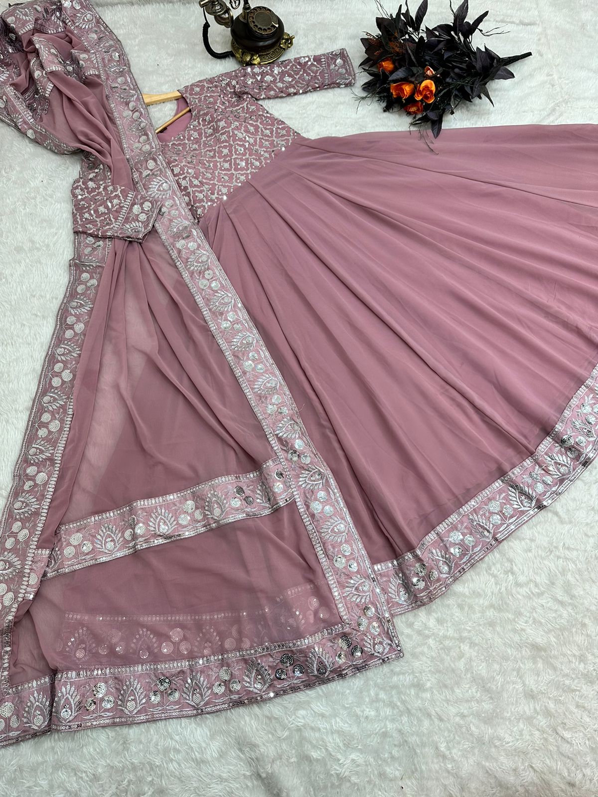 Presenting Dusty Pink Color With Work Georgette Gown