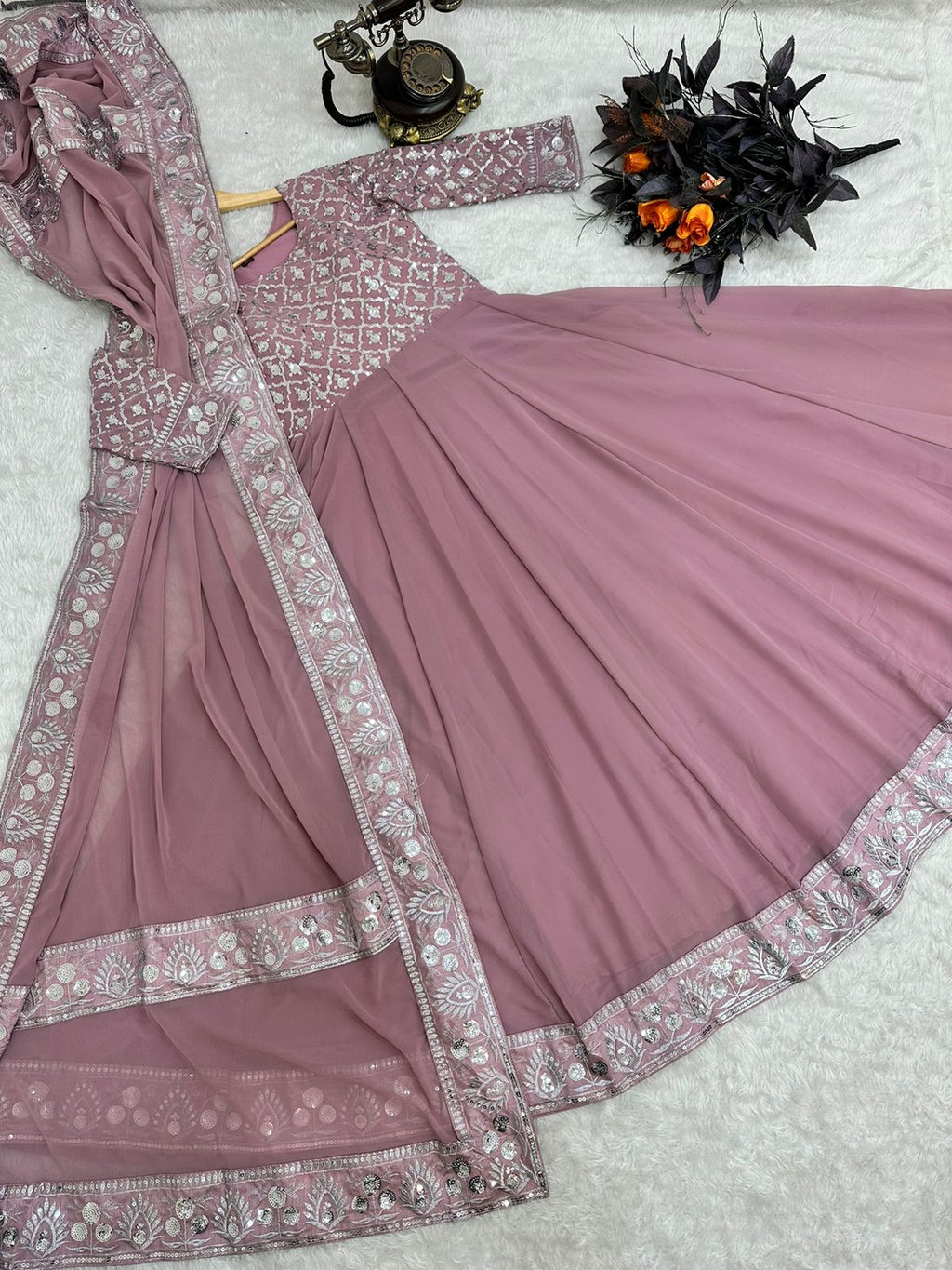 Presenting Dusty Pink Color With Work Georgette Gown