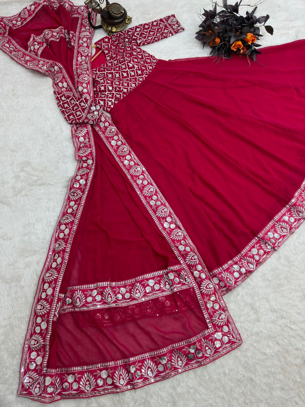 Presenting Dark Pink Color With Work Georgette Gown