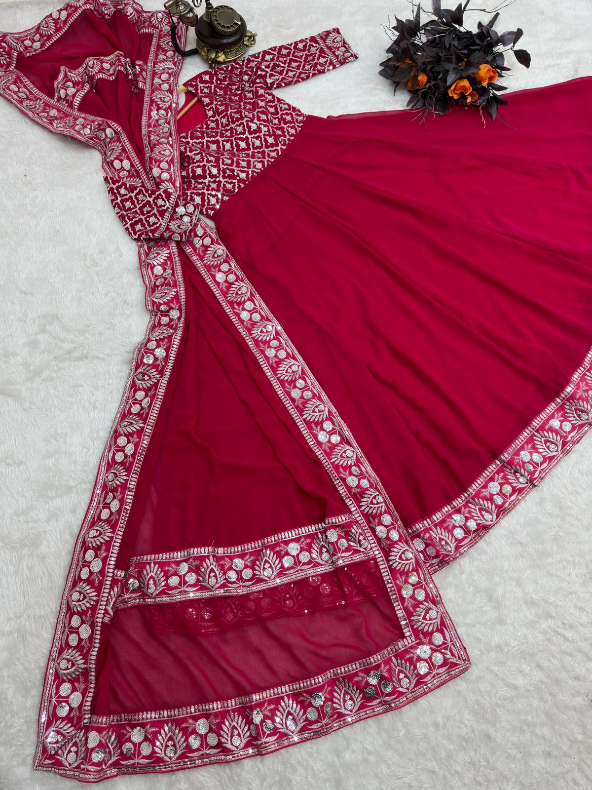 Presenting Dark Pink Color With Work Georgette Gown