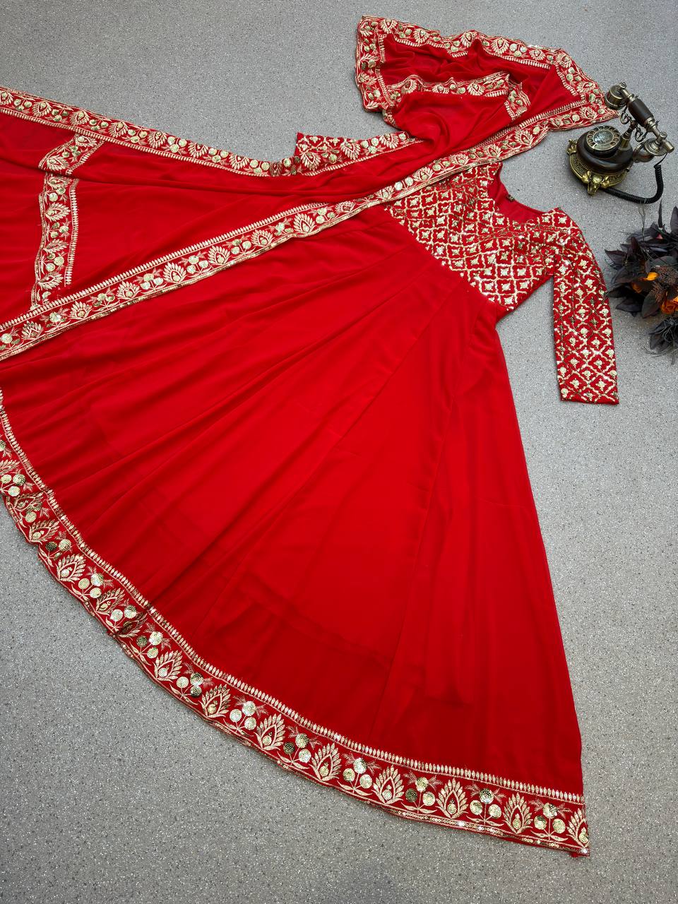 Presenting Red Color With Work Georgette Gown