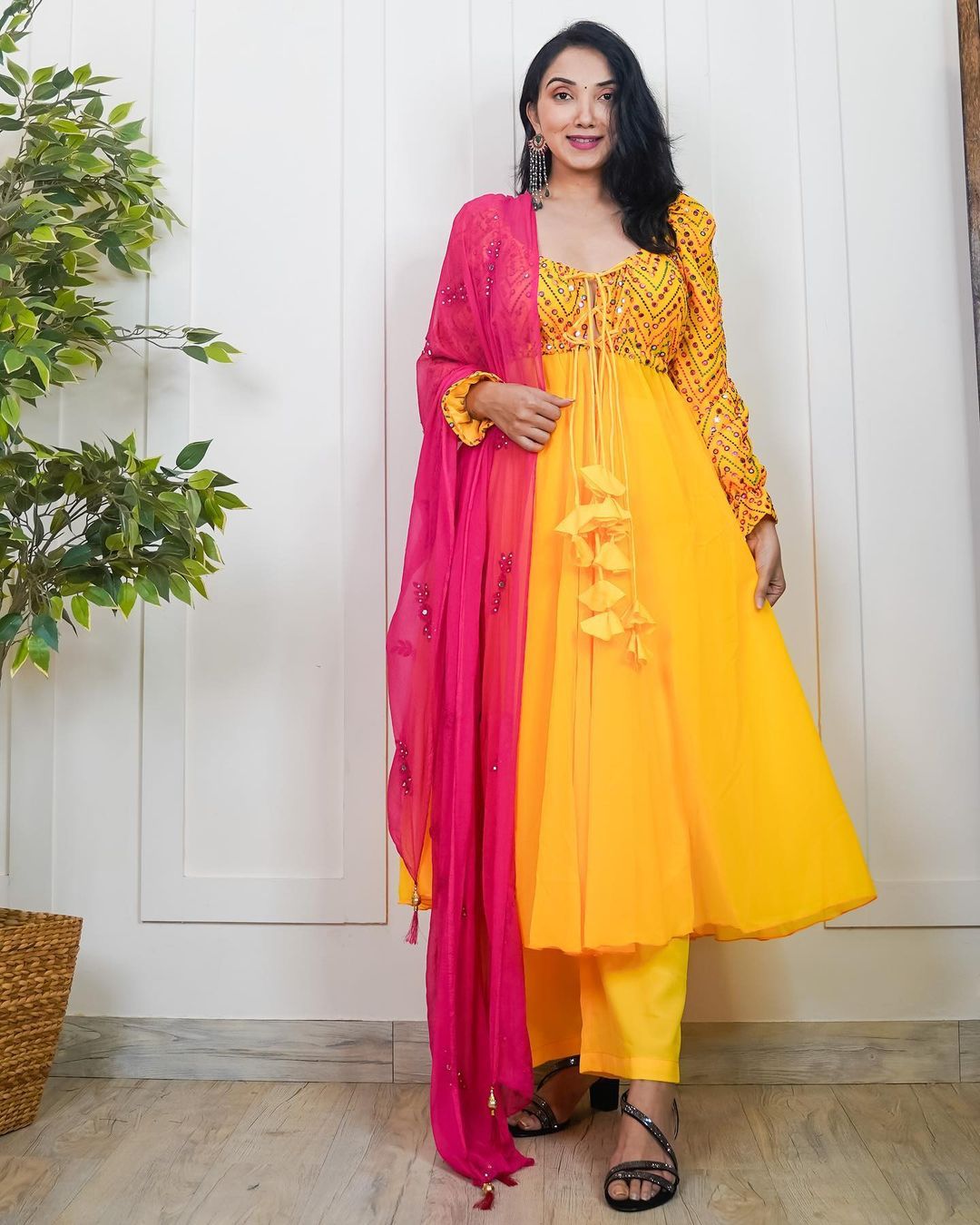 Yellow Anarkali Gown with Embroidery and Palazzo