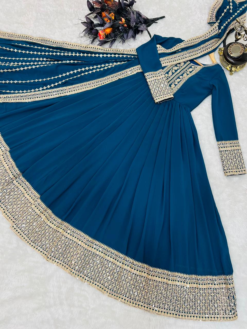 Teal Blue Anarkali Gown in Faux Georgette with Embroidery Work