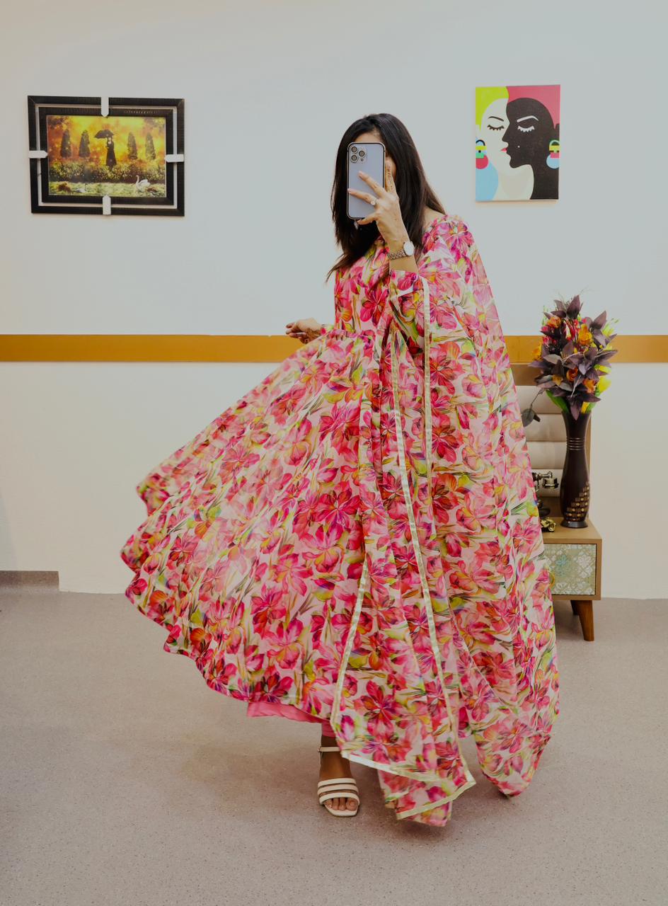 Red Anarkali Gown in Organza with Digital Floral Print