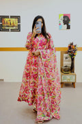 Red Anarkali Gown in Organza with Digital Floral Print