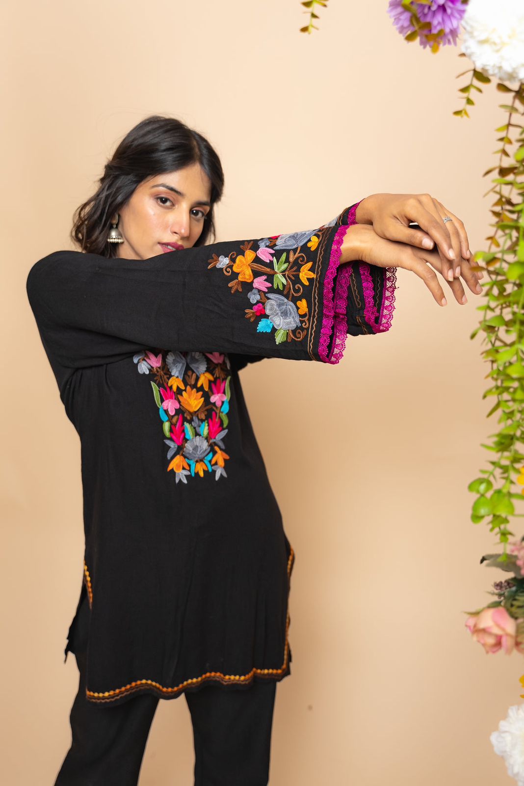 Multi Color Thread Work Black Kurti With Pant
