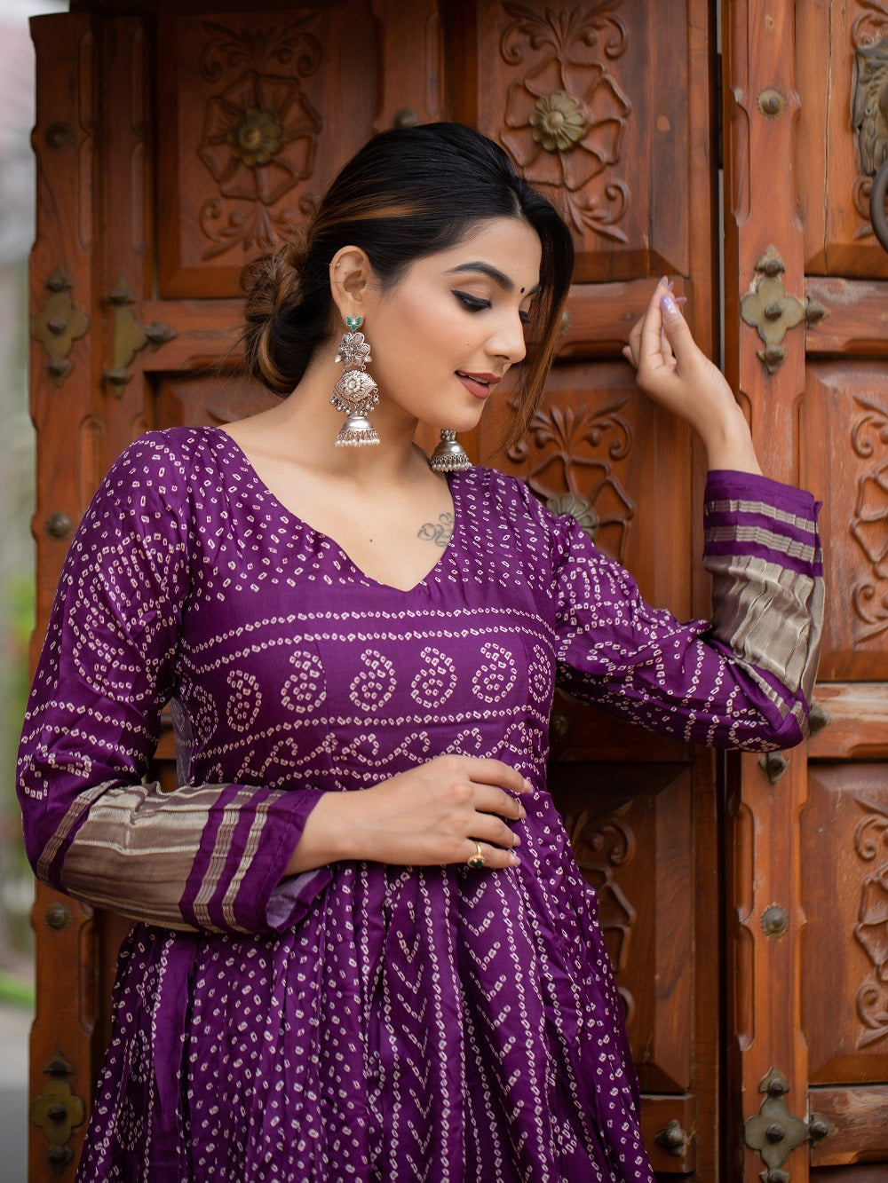 Wine Color Digital Bandhej Printed Pure Gaji Silk Beautiful Gown