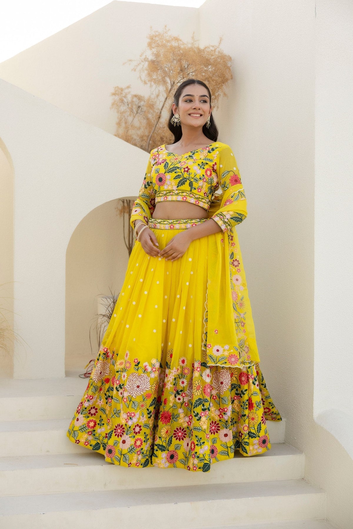 Yellow Elegant Organza Embroidered Lehenga Set with Sequins Work & Dupatta