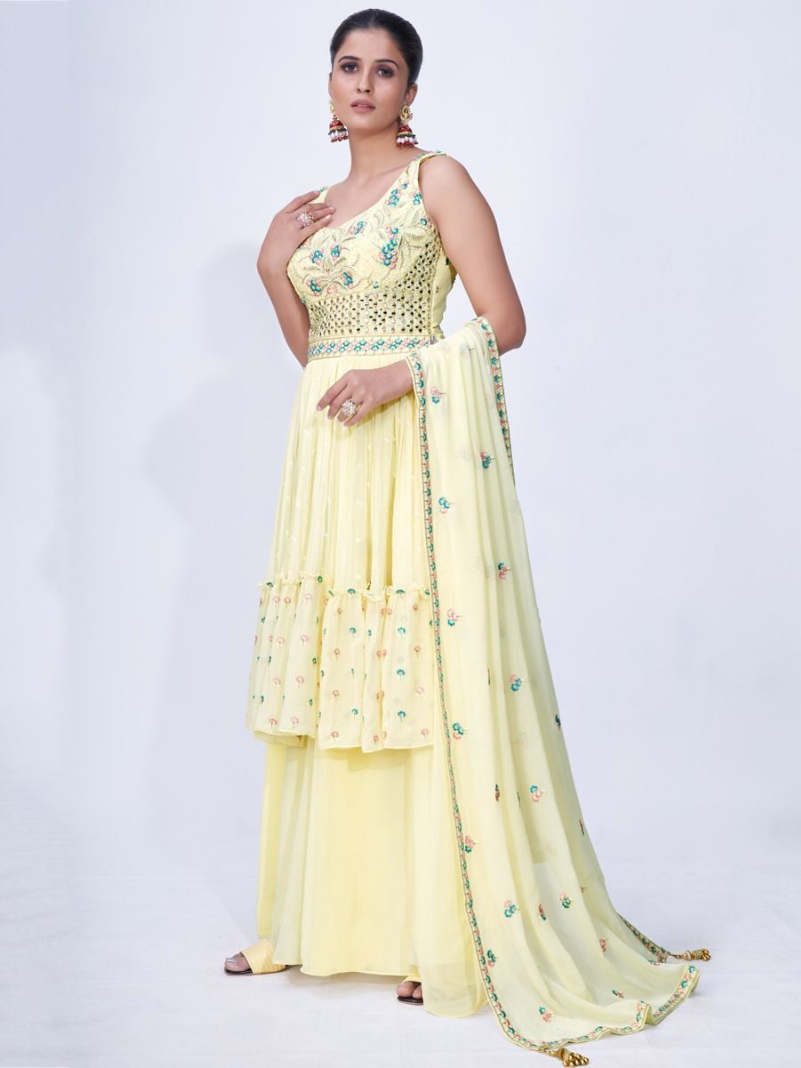 Yellow Mirror Work Multi Embroidery Chiffon Palazzo Suit