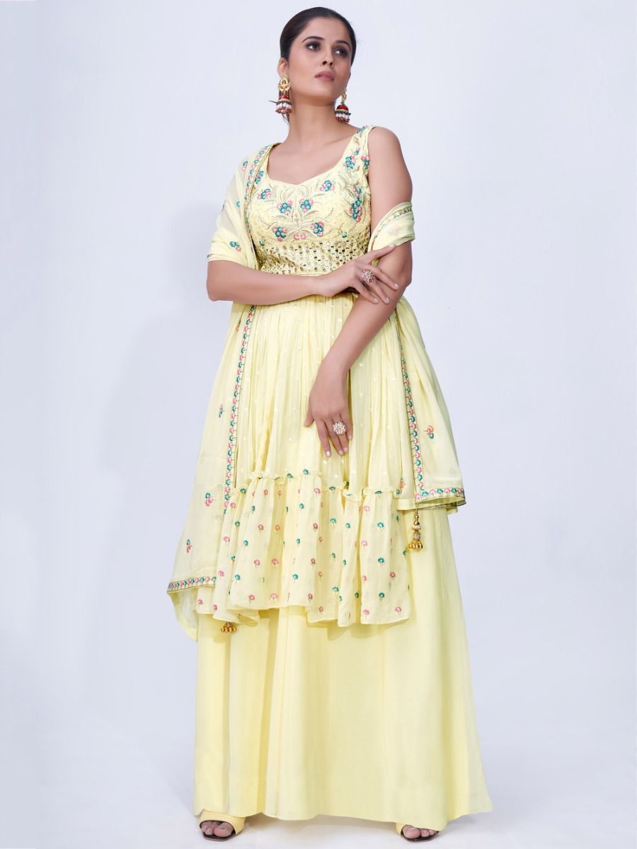 Yellow Mirror Work Multi Embroidery Chiffon Palazzo Suit