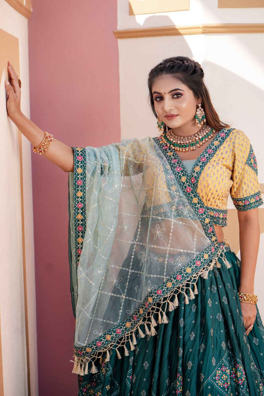 Aqua Green Full Stitched Lehenga Choli Set with Heavy Foil Print and Embroidery Work