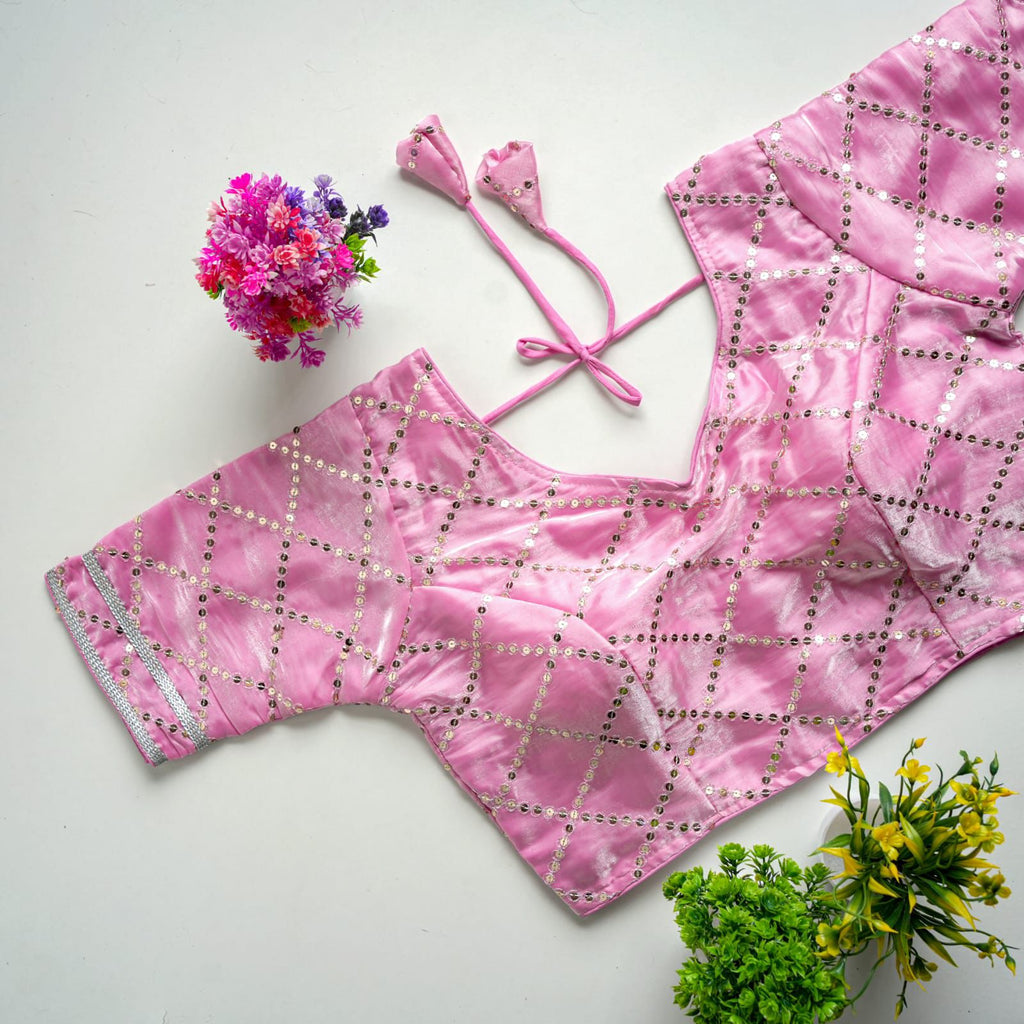 Baby Pink Metalic Blouse with Exquisite Sequence Embroidery