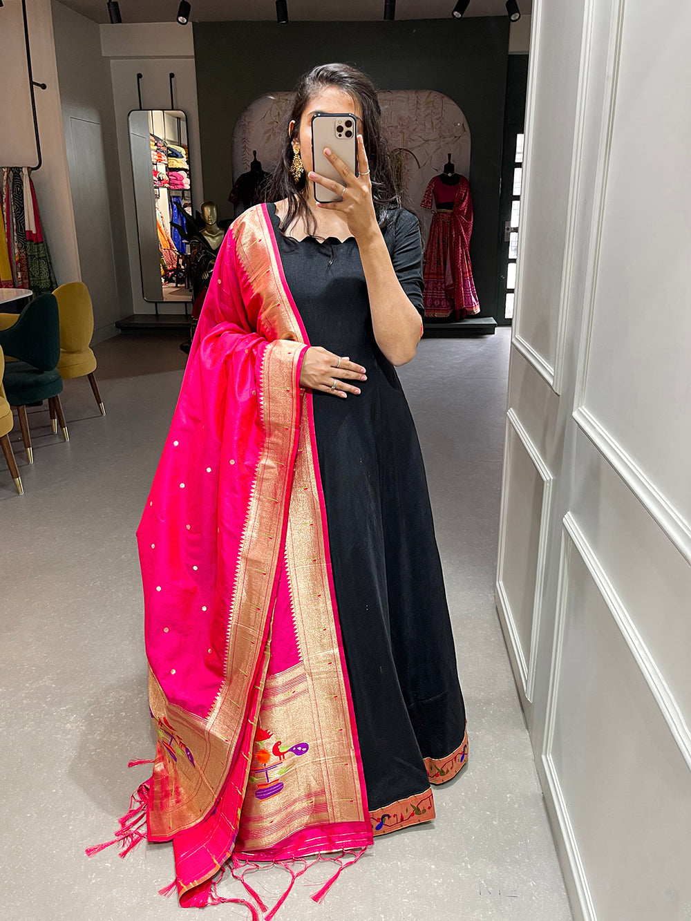 Black Color Plain With Zari Weaving Work Patta Chinon Dress