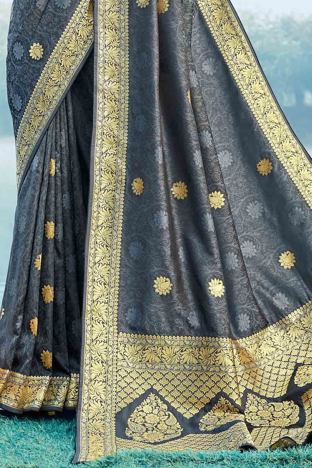 Anchor Grey Zari Butta Woven Banarasi Saree