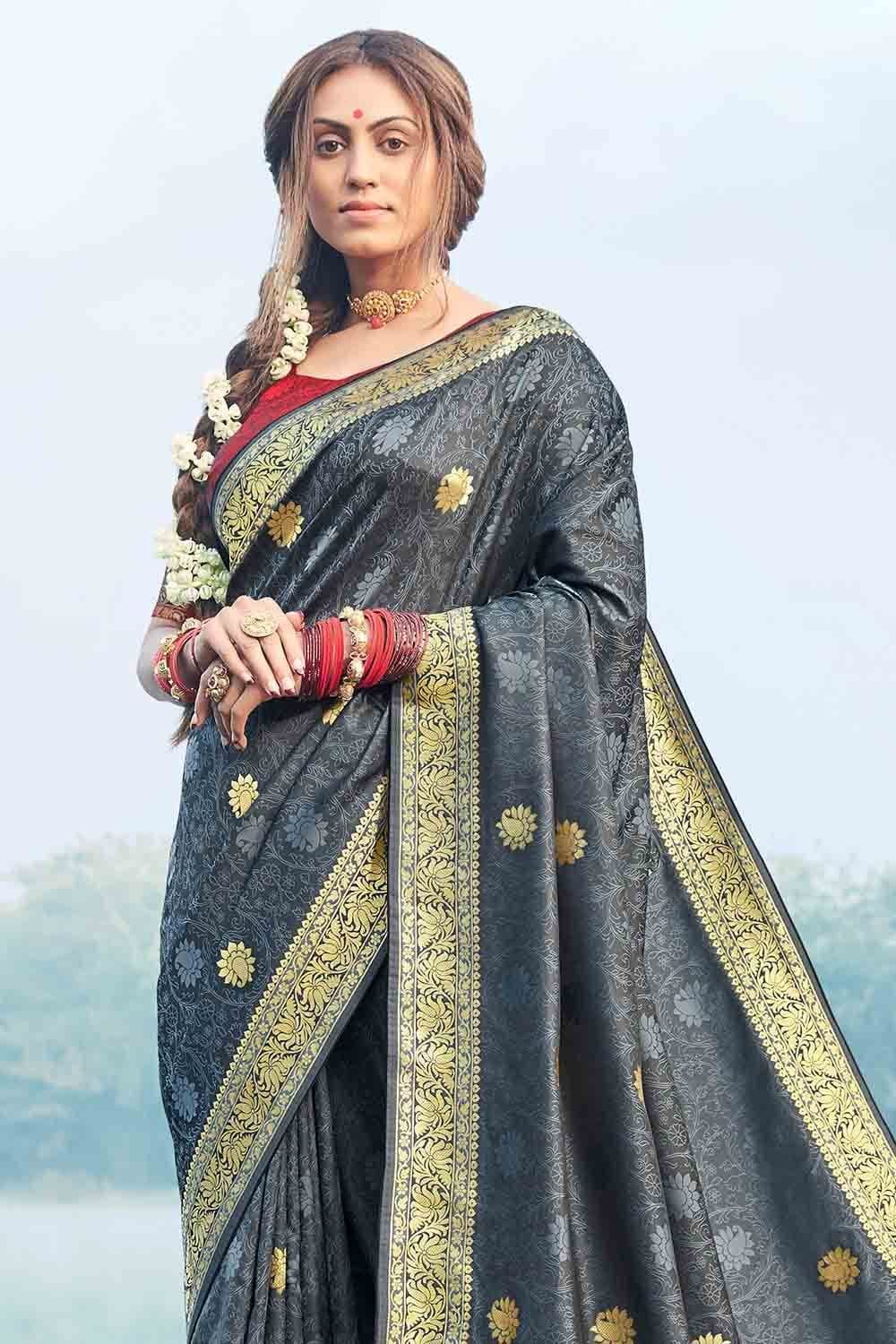 Anchor Grey Zari Butta Woven Banarasi Saree