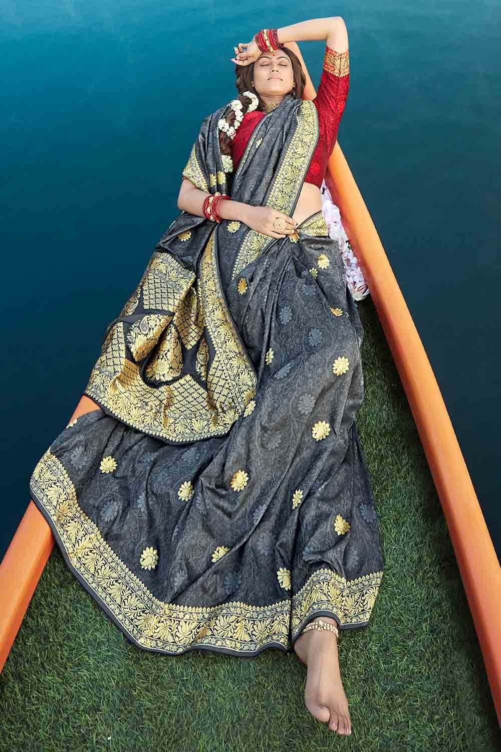 Anchor Grey Zari Butta Woven Banarasi Saree