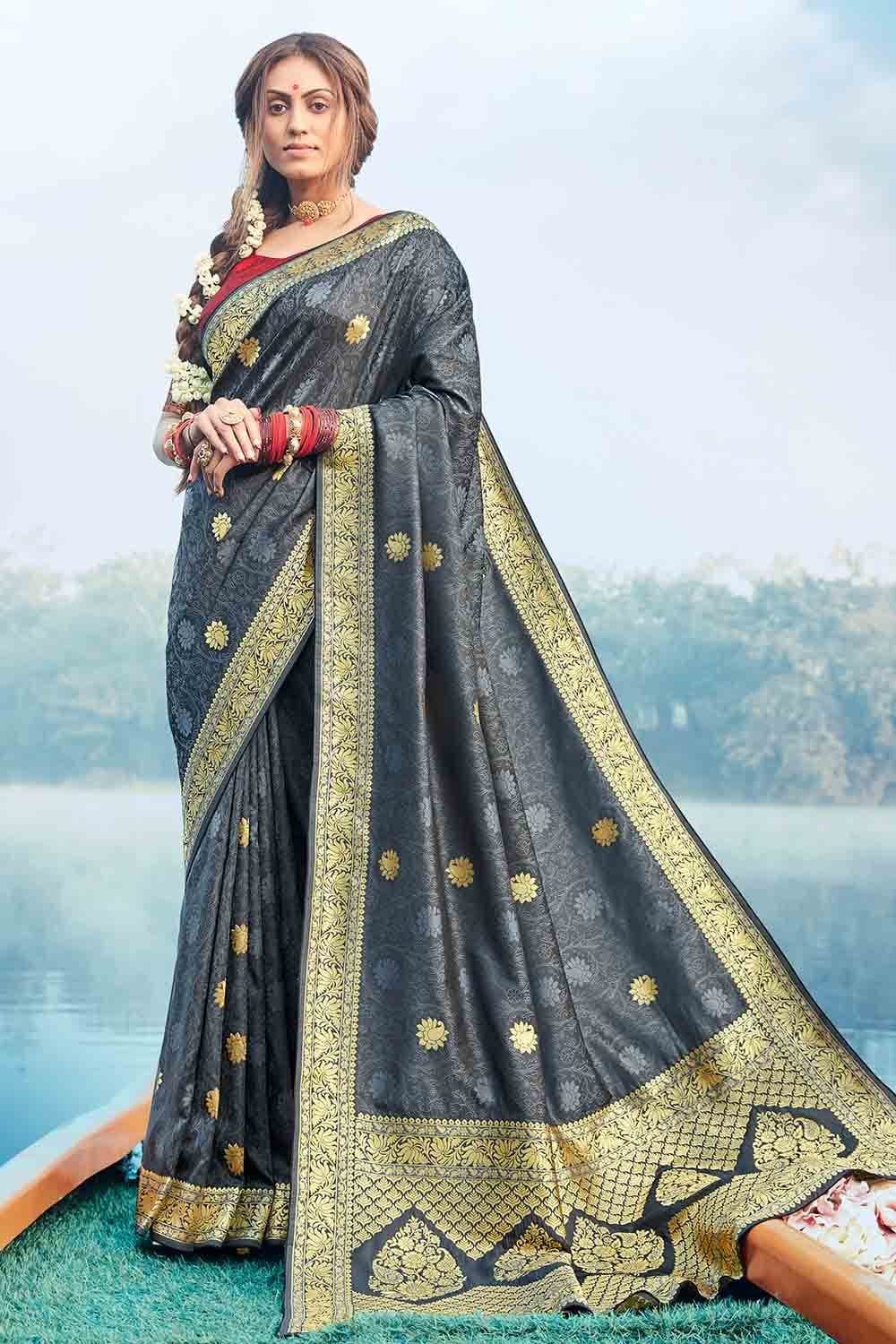 Anchor Grey Zari Butta Woven Banarasi Saree