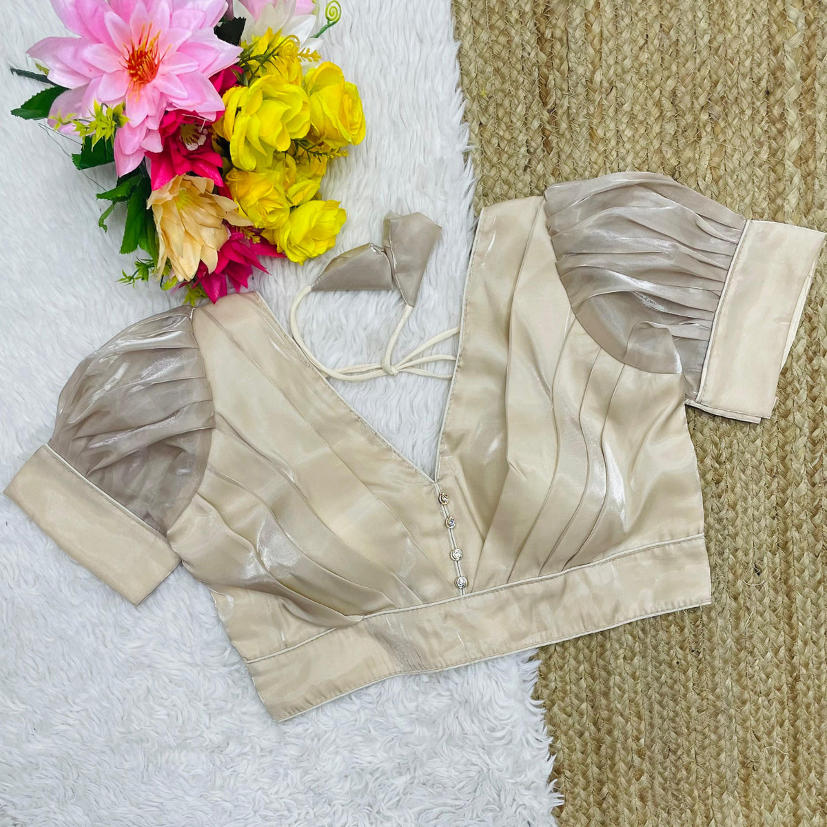 Beige Glamorous Ruffled Metallic Blouse