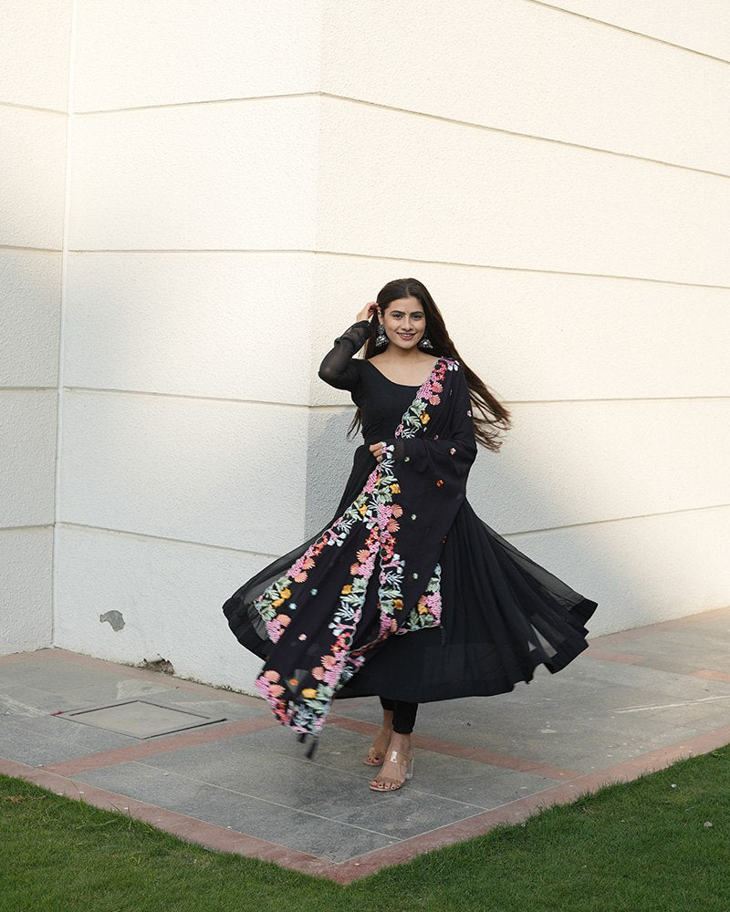 Black Backless Georgette Anarkali Suit with Embroidery Dupatta