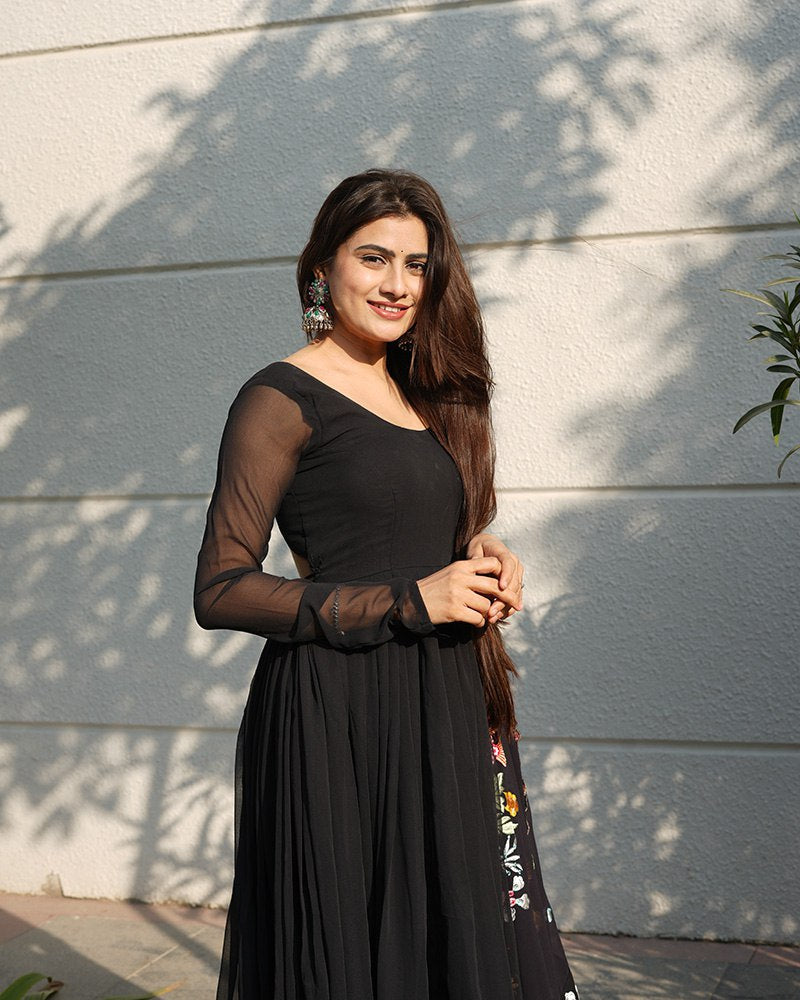 Black Backless Georgette Anarkali Suit with Embroidery Dupatta