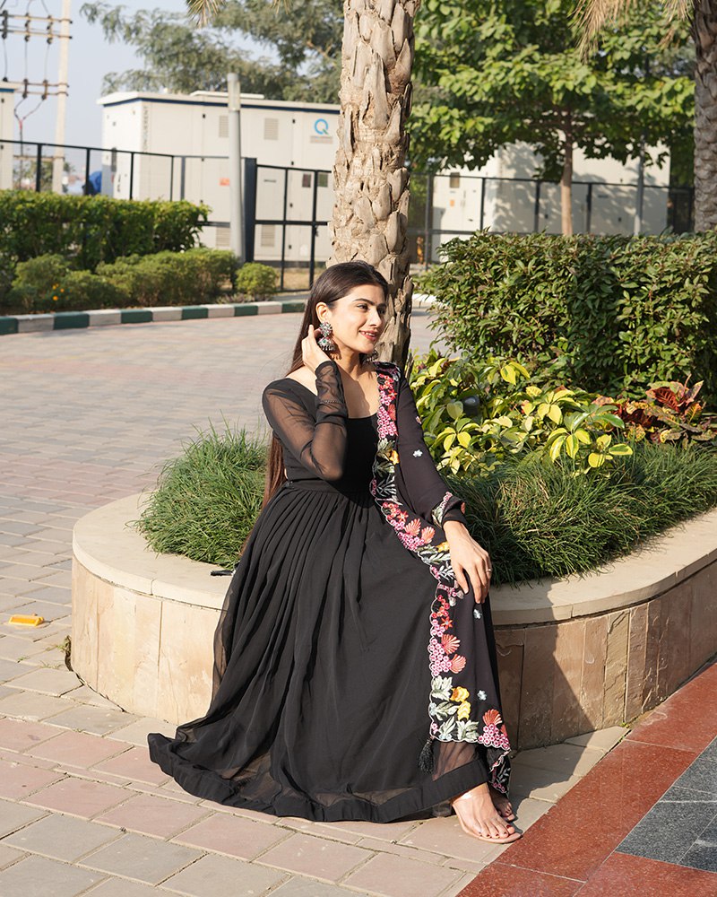 Black Backless Georgette Anarkali Suit with Embroidery Dupatta