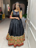 Black Color Foil Printed Dola Silk Gown