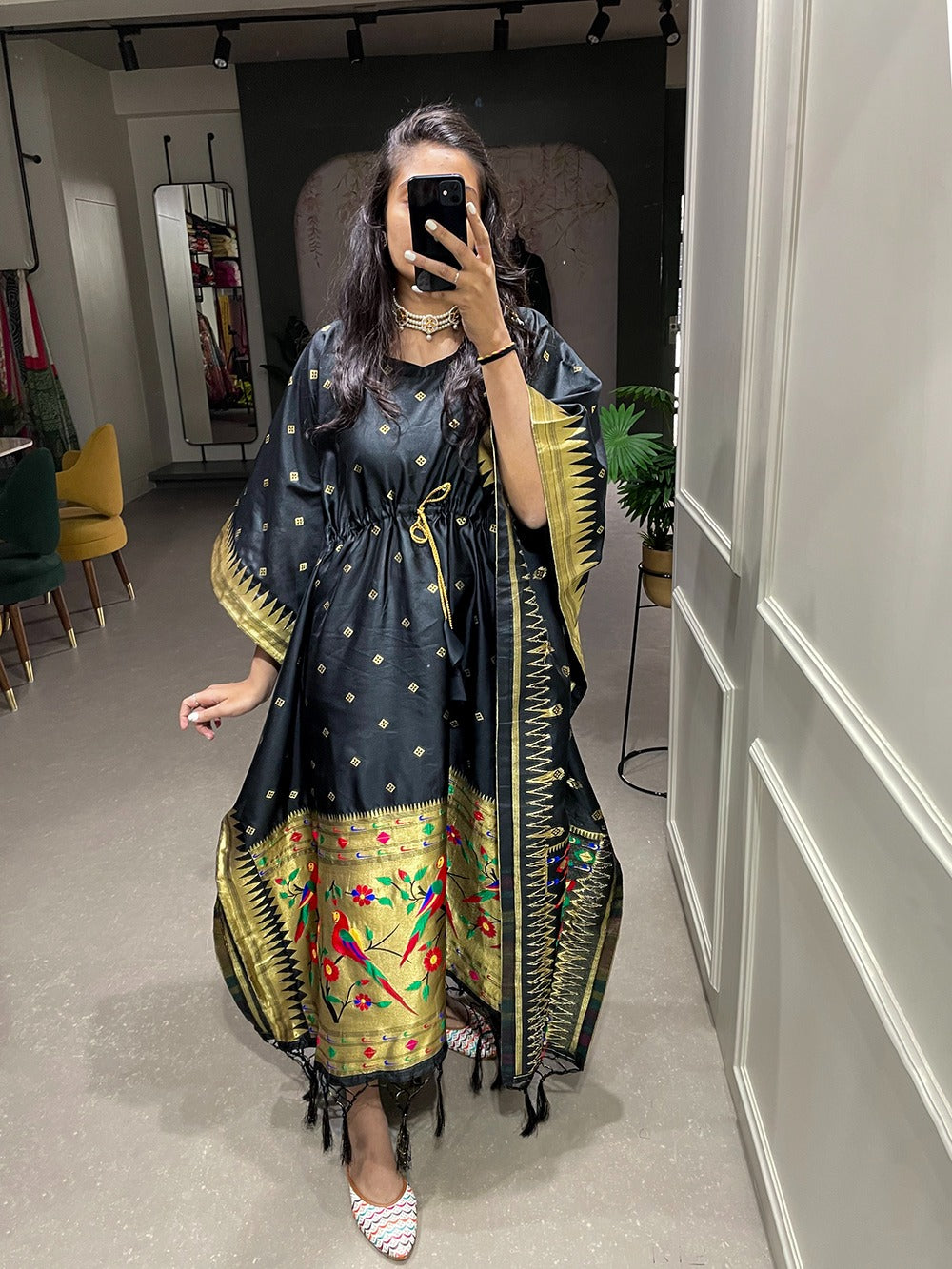 Black Color Weaving Zari Work Jacquard Paithani Kaftan Dress