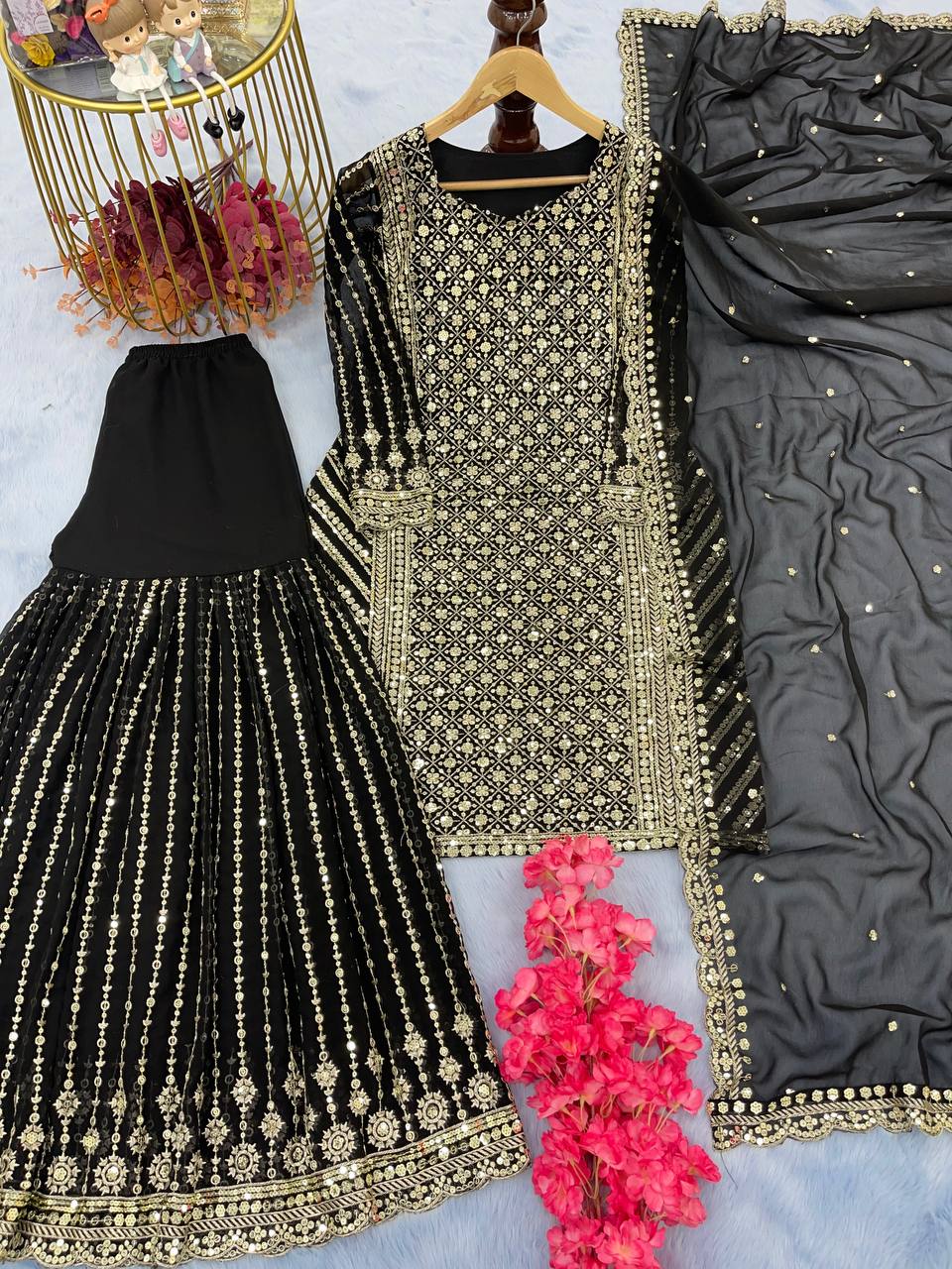 Black Designer Attractive Sequence Work Sharara Suit