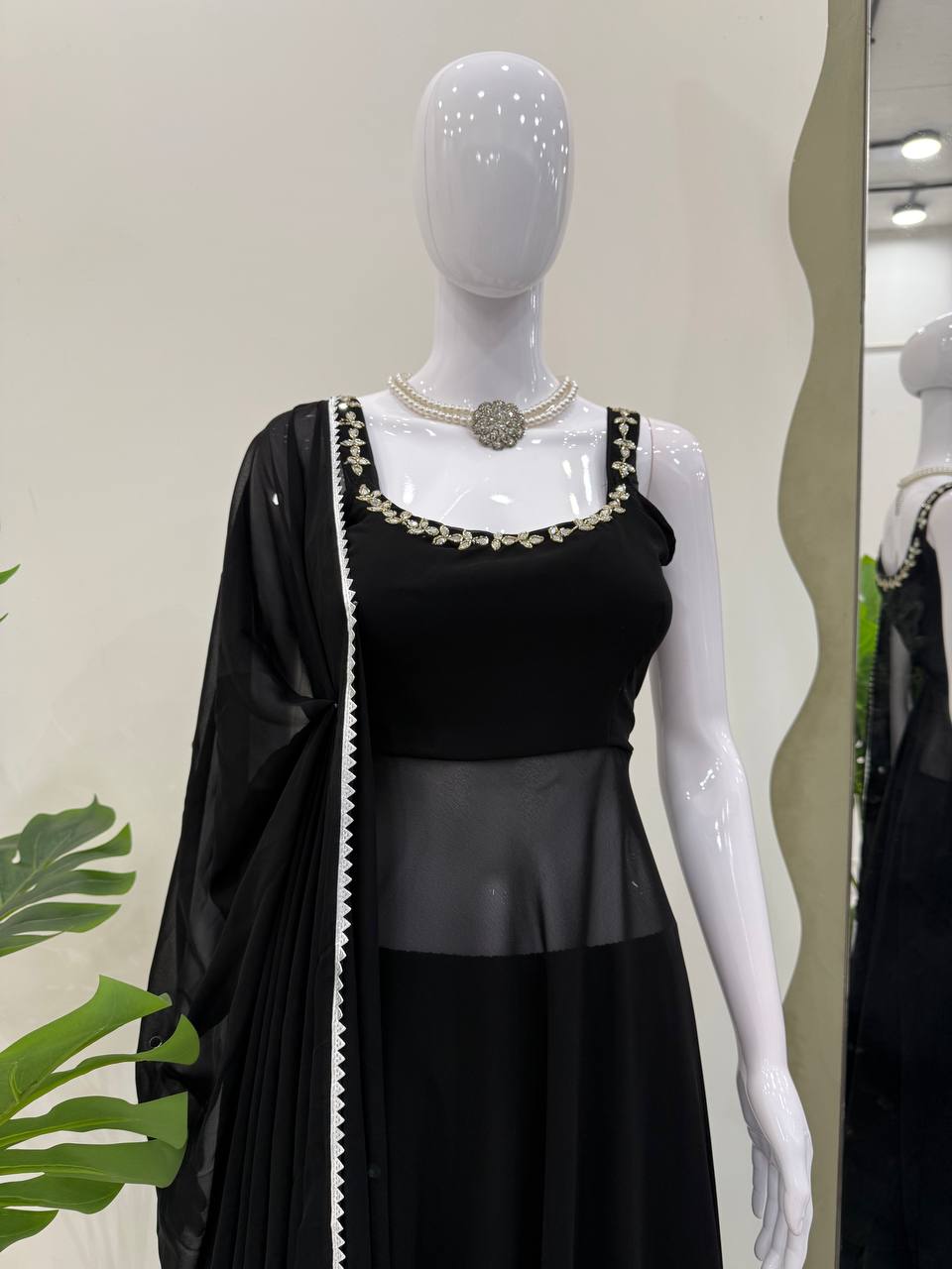 Black Designer Faux Georgette Mirror Handwork Plazzo Set with Dupatta