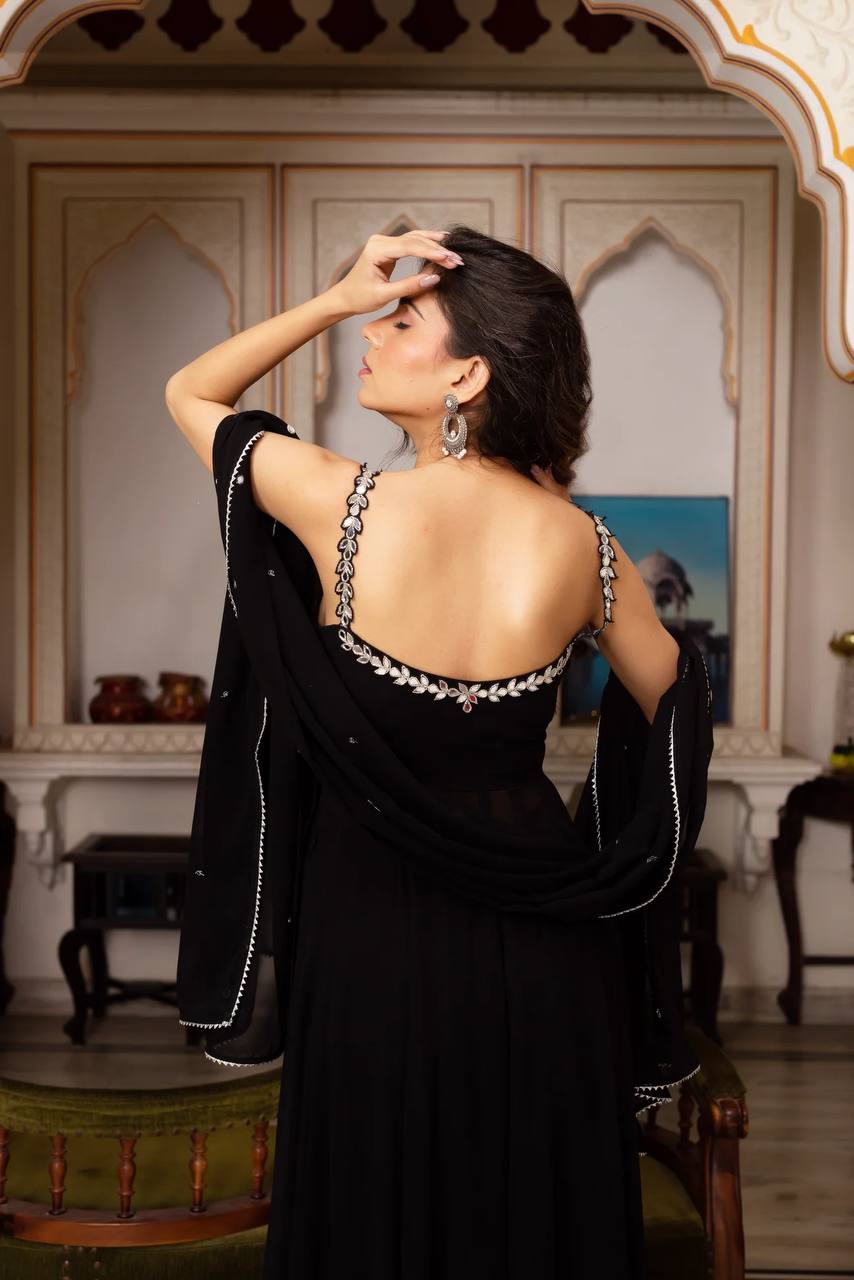 Black Designer Faux Georgette Mirror Handwork Plazzo Set with Dupatta