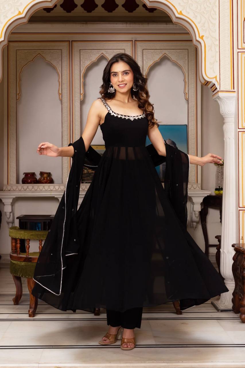 Black Designer Faux Georgette Mirror Handwork Plazzo Set with Dupatta