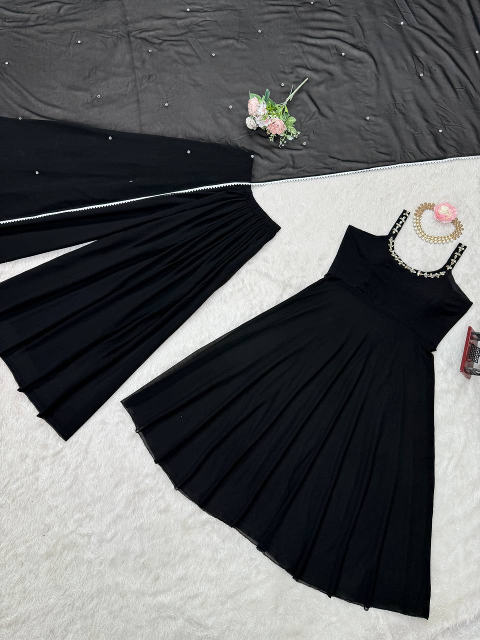 Black Designer Faux Georgette Mirror Handwork Plazzo Set with Dupatta