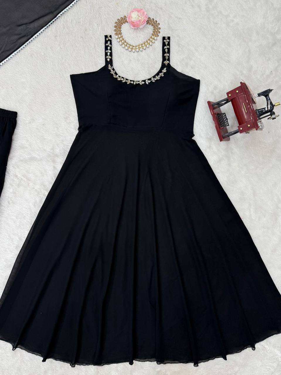 Black Designer Faux Georgette Mirror Handwork Plazzo Set with Dupatta