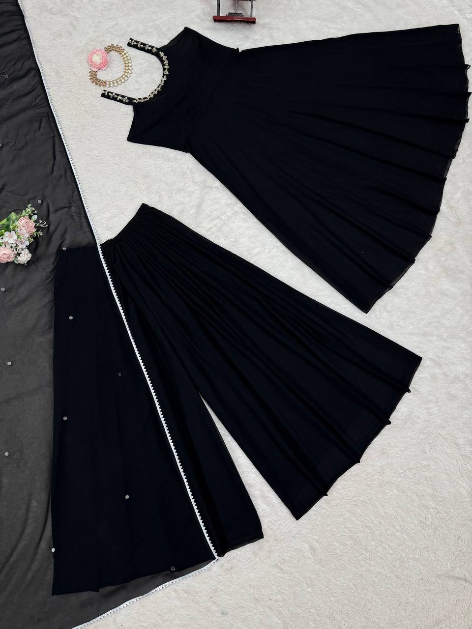 Black Designer Faux Georgette Mirror Handwork Plazzo Set with Dupatta