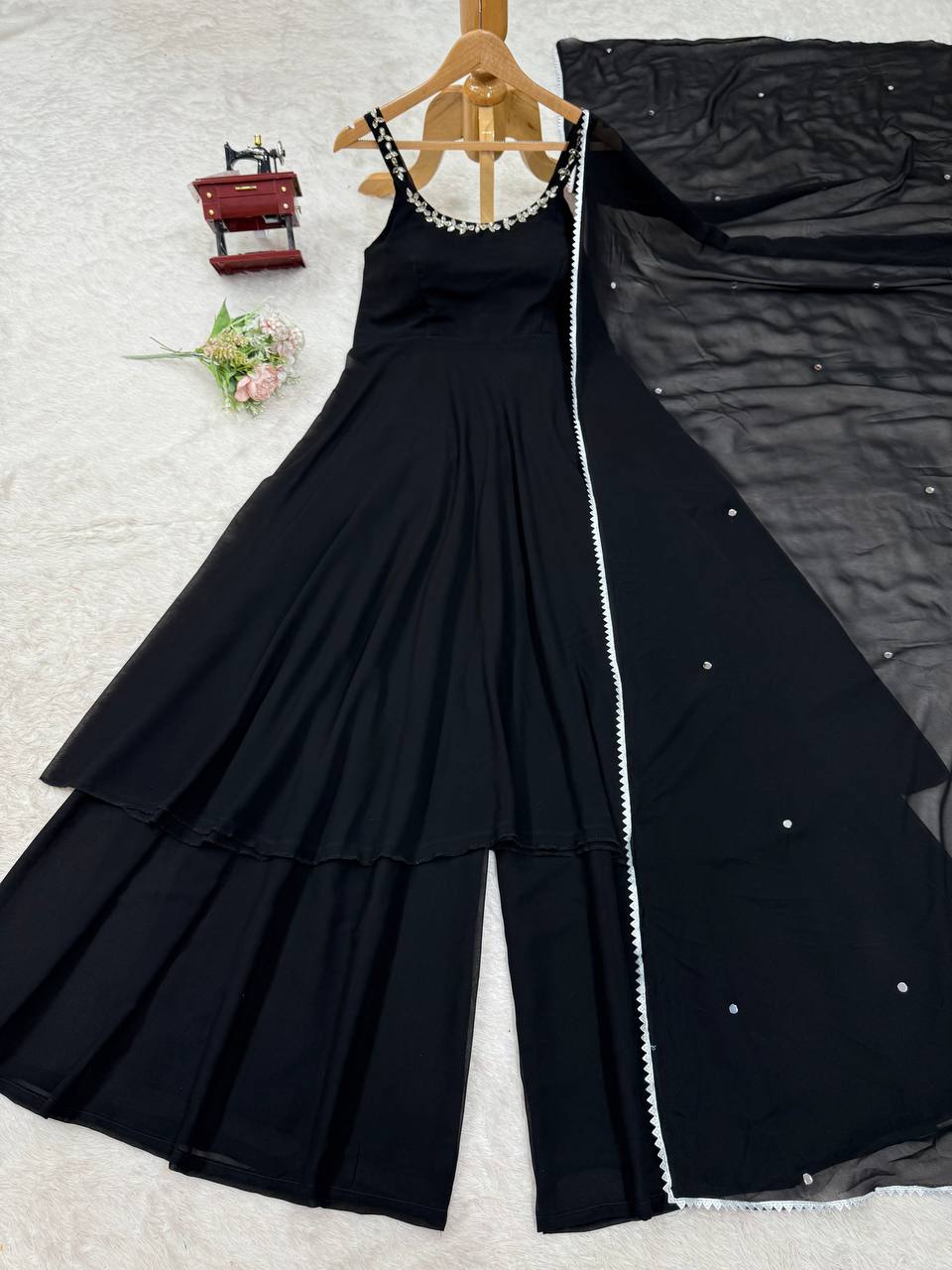 Black Designer Faux Georgette Mirror Handwork Plazzo Set with Dupatta