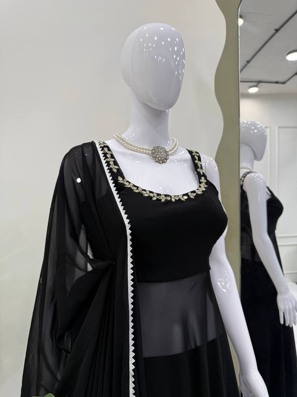 Black Designer Faux Georgette Mirror Handwork Plazzo Set with Dupatta