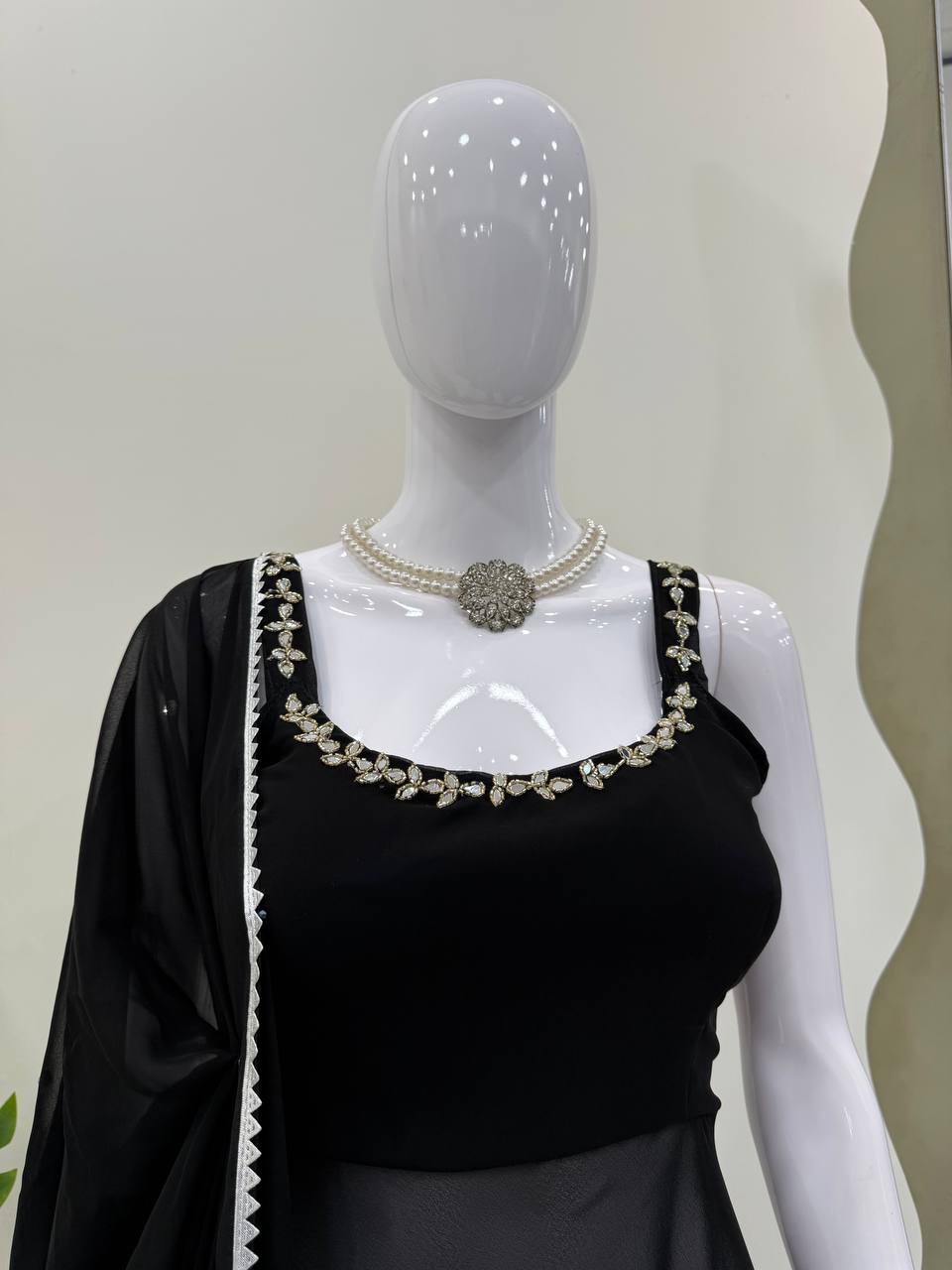 Black Designer Faux Georgette Mirror Handwork Plazzo Set with Dupatta