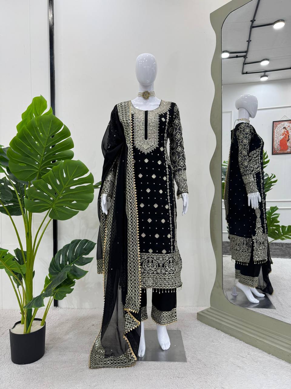 Black Elegant Faux Georgette Thread & Sequin Embroidered Suit Set