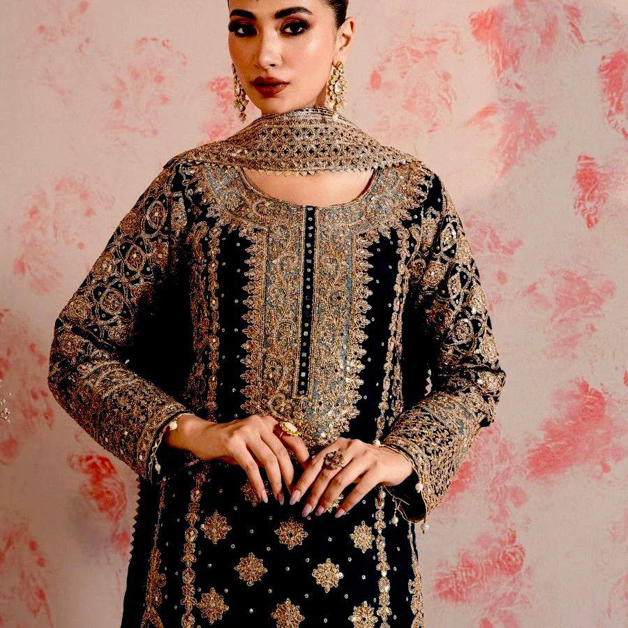 Black Elegant Faux Georgette Thread & Sequin Embroidered Suit Set