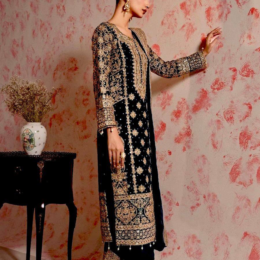 Black Elegant Faux Georgette Thread & Sequin Embroidered Suit Set