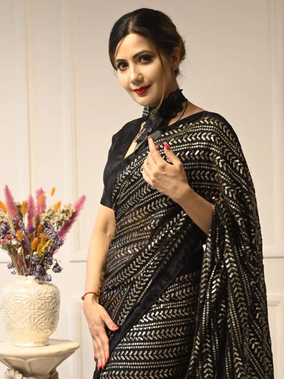 Black Elegant Georgette Sequin Work Saree with Banglori Satin Blouse