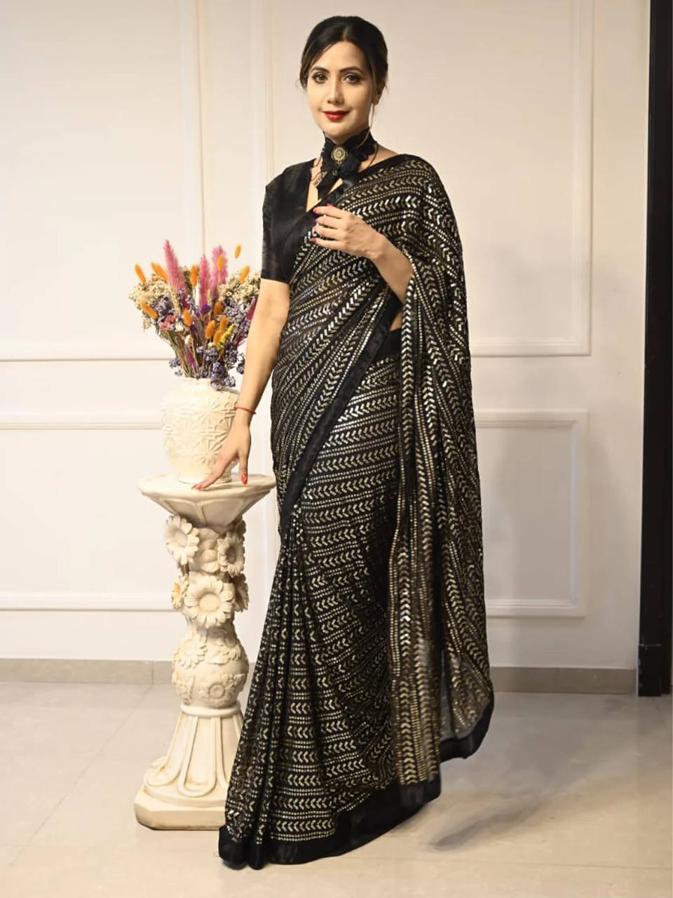 Black Elegant Georgette Sequin Work Saree with Banglori Satin Blouse