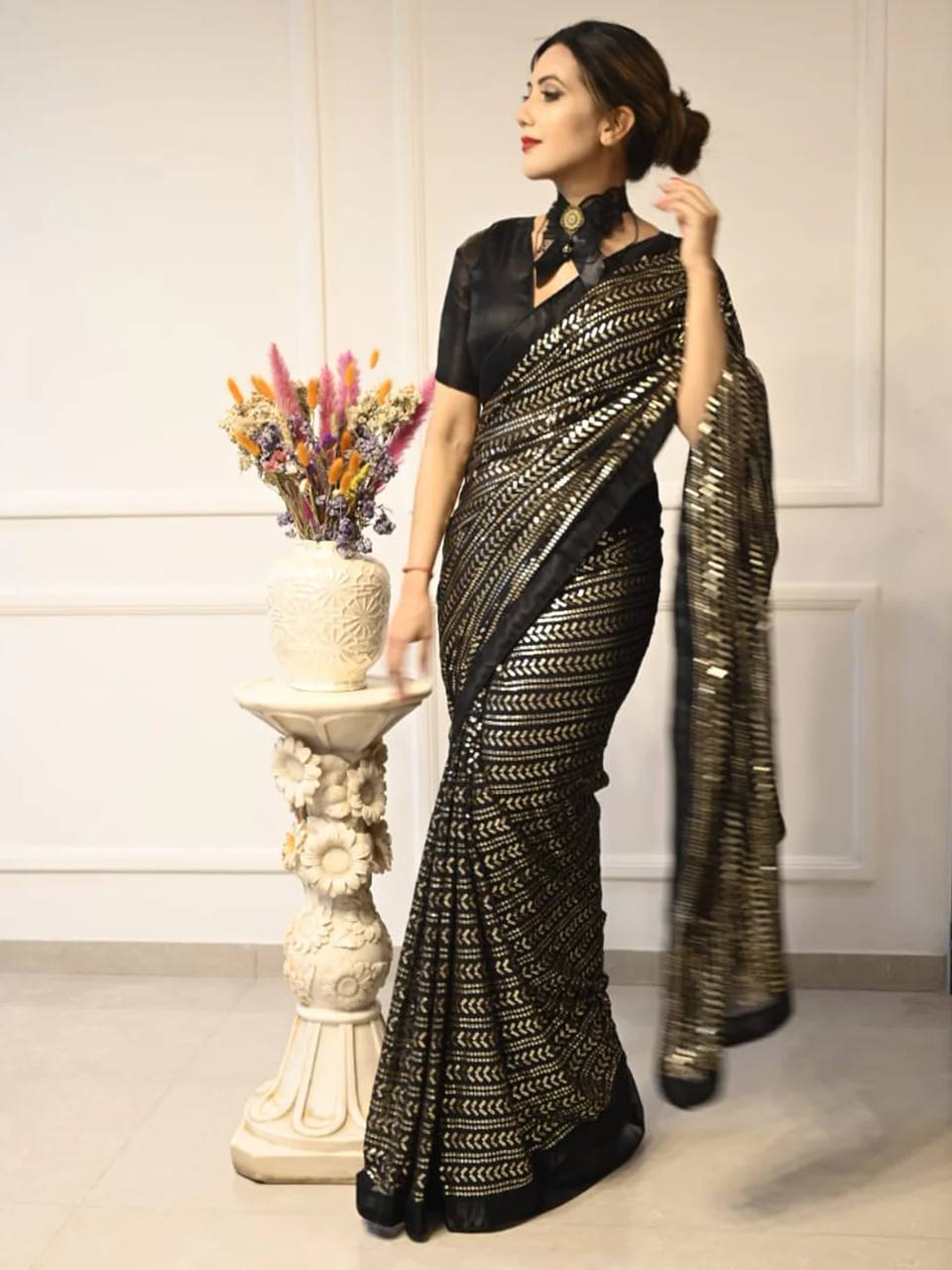 Black Elegant Georgette Sequin Work Saree with Banglori Satin Blouse