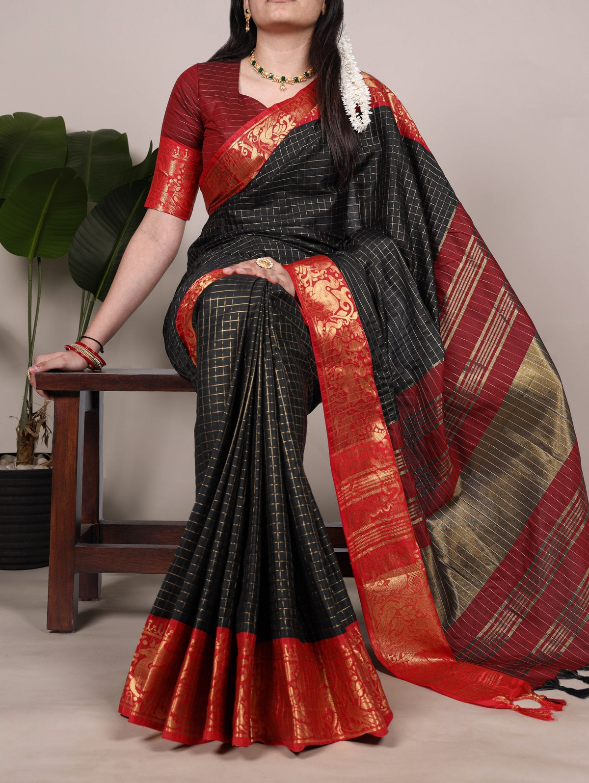 Black Elegant Poly Cotton Saree with Chex Zari Weaving