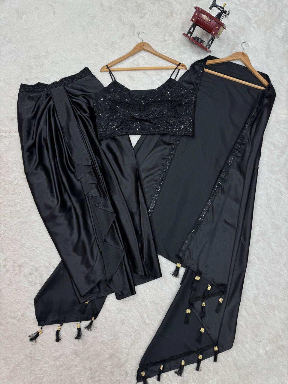 Black Elegant Ready-to-Wear Dhoti Style Set with Shrug & Unstitched Choli