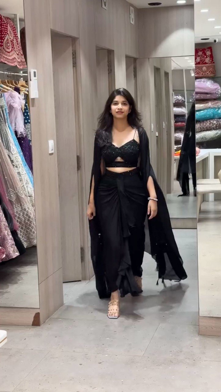 Black Elegant Ready-to-Wear Dhoti Style Set with Shrug & Unstitched Choli